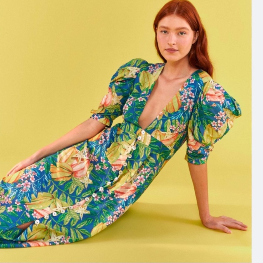 FARM Rio Tropical Floral Midi Dress - Green and Yellow